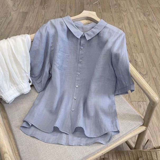 Women's Clothing New Lapel Cotton Shirt Five Point Sleeve Thin Loose Solid Color Temperament Retro Fashion Tops Women_ecoleips.com