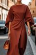 Women's Clothing Fashion Temperament Elegant Solid Color Waist Dress Casual Bat Sleeve Long Dress_ecoleips.com