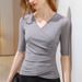 Mesh Bottoming Shirt Women's Spring And Autumn 2026 Women's Cross V-neck Medium-sleeved T-shirt Five-quarter-sleeved Inner Top Slim-fit_ecoleips.com