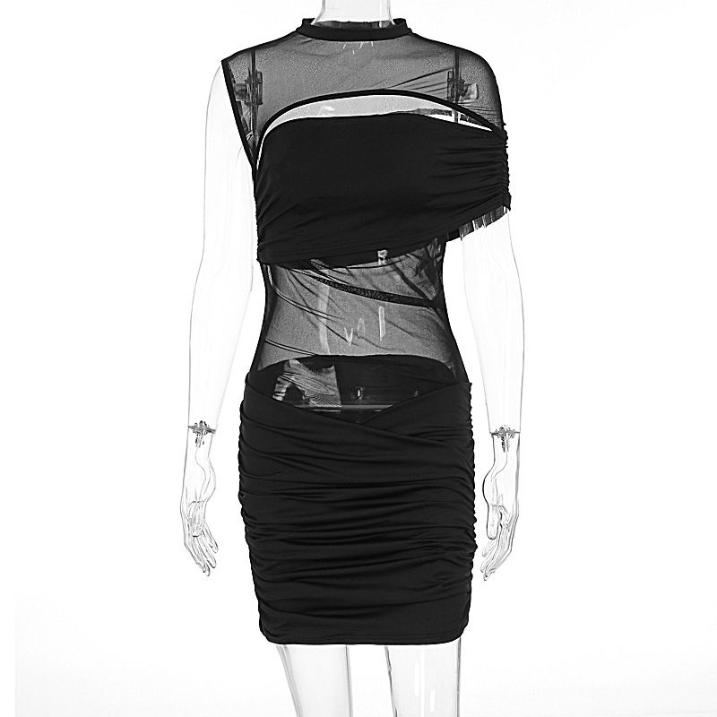 Women Summer New Fashion Sexy Sheer Spliced One Shoulder Sleeveless Ruched Bodycon Mini Hip Wrap Dress_ecoleips.com