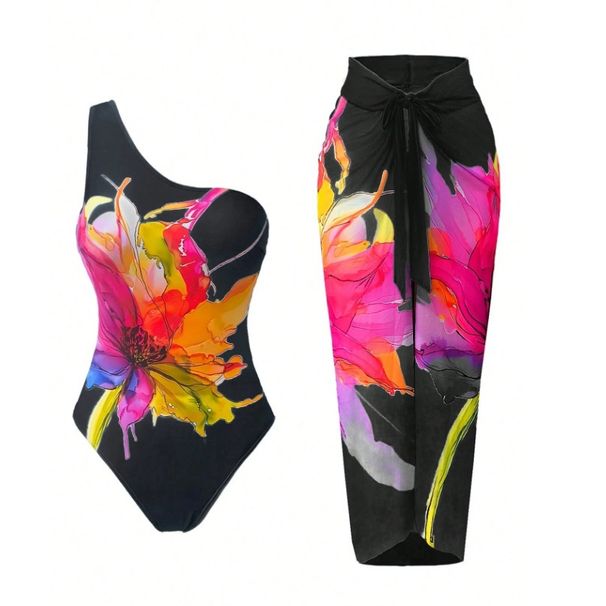 Women's Floral Print One-Piece Swimsuit High-Cut Leg Backless Design Halter Neck Long Torso Beach Pool Swimwear_ecoleips.com