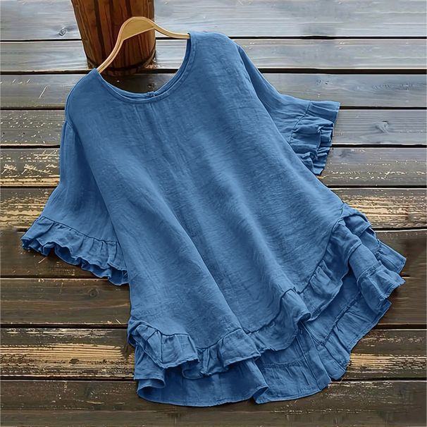 Women's Clothing Pure Color Loose Ruffled Cuffs Round Neck Short Sleeves Button Women's Shirt_ecoleips.com