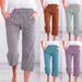 Suitable For All Seasons 2025 Women's Solid Color Drawstring Cotton Linen Casual Loose Straight Pocket Home Capri Pants_ecoleips.com