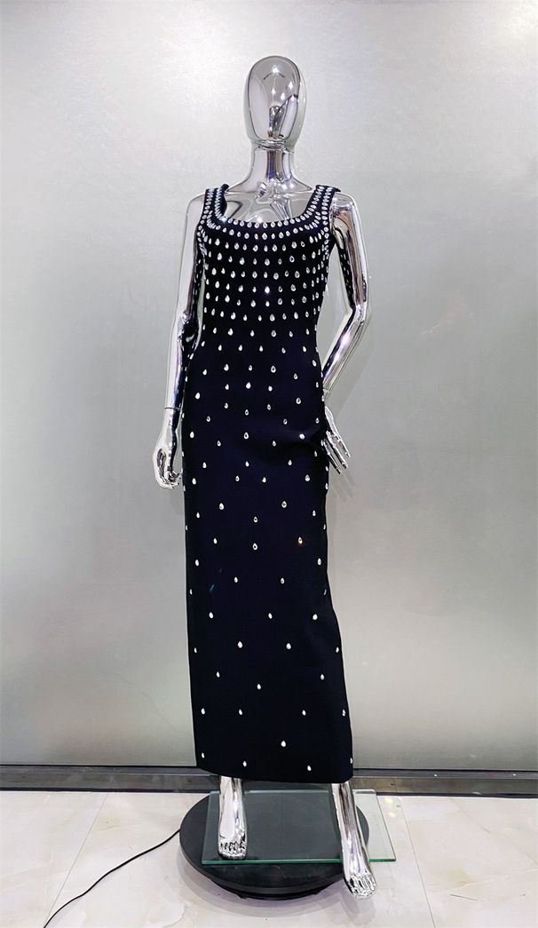 Women's Clothing Takeaway 2 Color Shiny Hot Diamond U Neck Sleeveless Hip Wrapped Tight Bandage Long Dress Celebrity Party Dinner_ecoleips.com