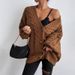 Vintage Cable-Knit Cardigan – Oversized V-Neck Sweater With Puff Sleeves For Women (Dark Brown/Cream/Black, S-XL)_ecoleips.com