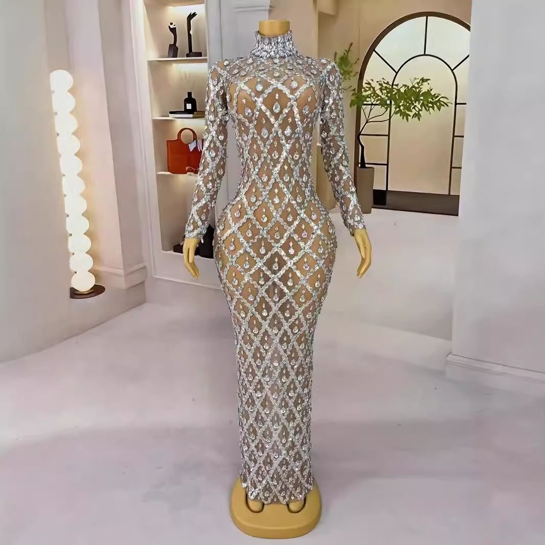 Elegant Mesh Long Dress With Sparkling Rhinestones - Sexy Sheer Party Gown For Fashion Shows & Evening Events_ecoleips.com