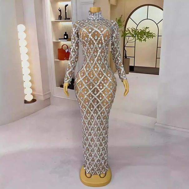 Elegant Mesh Long Dress With Sparkling Rhinestones - Sexy Sheer Party Gown For Fashion Shows & Evening Events_ecoleips.com