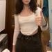 Women's Knitted Square Neck Long Sleeve Slim Fit Cropped T-Shirt European American Style Summer Sexy Inner Short Top_ecoleips.com