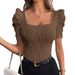 Women's Clothing Waist Top Casual Short Sleeve Textured Leg Of Lamb Sleeve T Shirt_ecoleips.com