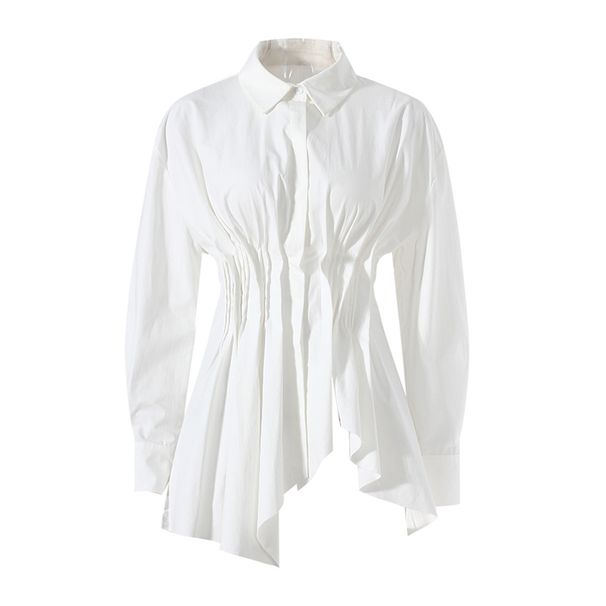 High Grade Irregular Fishtail Design Shirt For Women In Spring And Summer With Waist Hugging Tops Polo Collar Long Sleeved Shirt_ecoleips.com