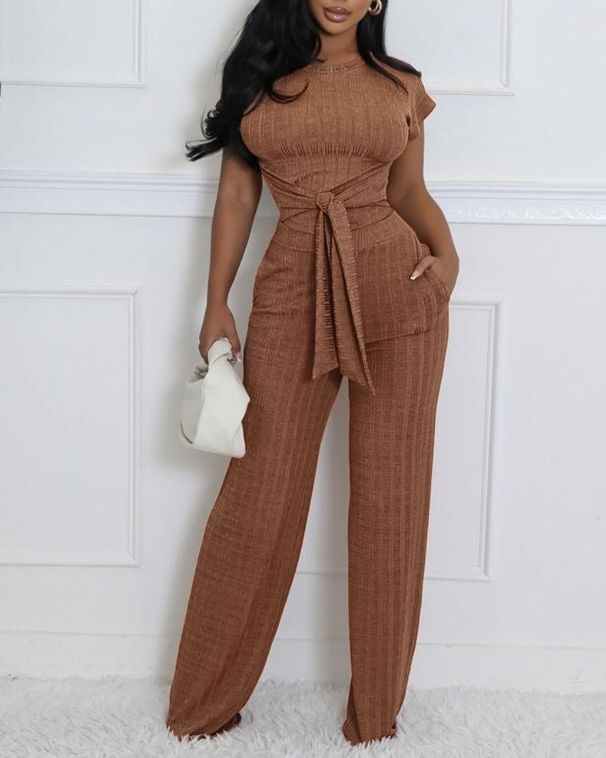 Women's Clothing Round Neck Ribbed Lace Up Suit_ecoleips.com