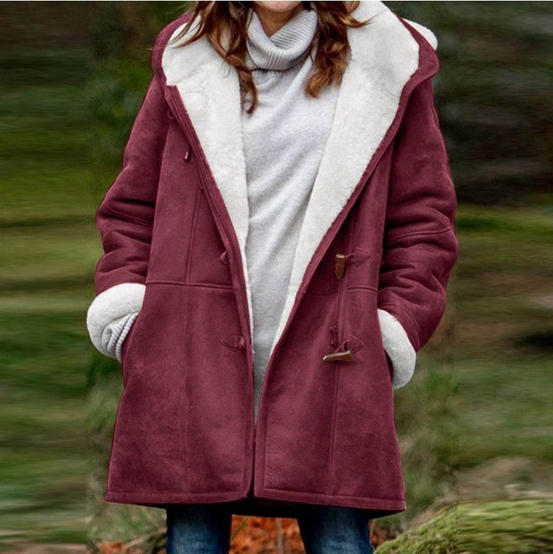 Women's Longline Hooded Button-Up Coat With Pockets - Soft Faux Suede & Polar Fleece Lining, Oversized Streetwear Jacket For Fall & Winter_ecoleips.com