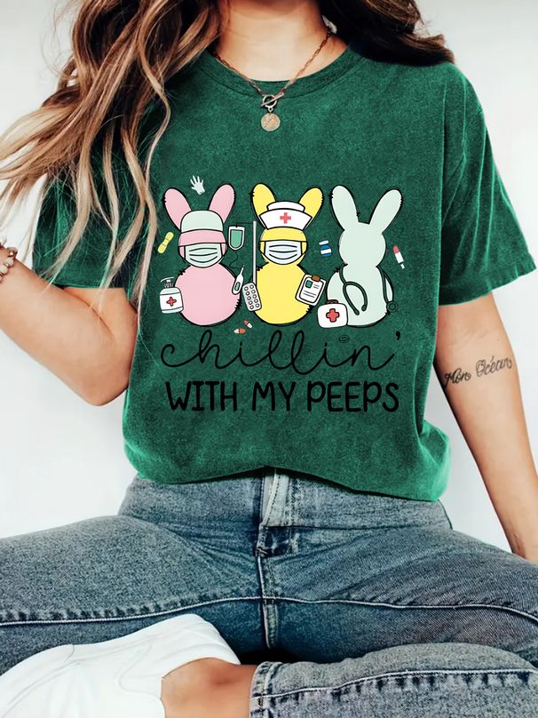 Women's Clothing Round Neck Short Sleeve T Shirt Easter Nurse Cartoon Printing Summer New Comfortable T Shirt_ecoleips.com