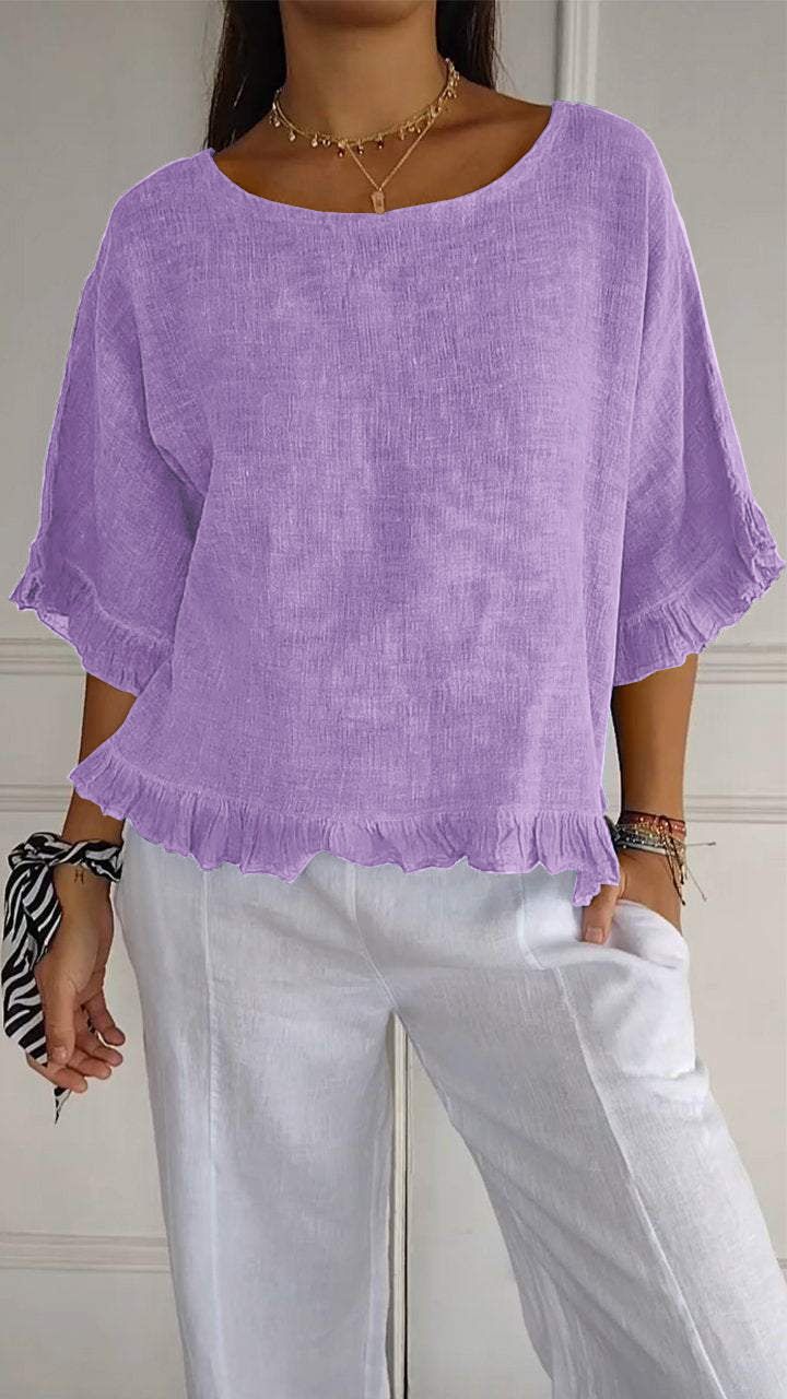 New 2025 Summer Women's Short Sleeve Round Neck Cotton Linen Solid Color Loose Fit Shirt_ecoleips.com