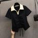 Women's Clothing Fashion Slim Irregular Drawstring Contrast Color T Shirt Top_ecoleips.com