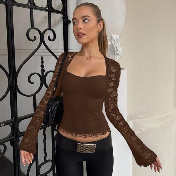 Women's Patchwork Long Sleeve Top Lace Hollow Out Fashion Sexy Summer New Arrivals Clothing_ecoleips.com