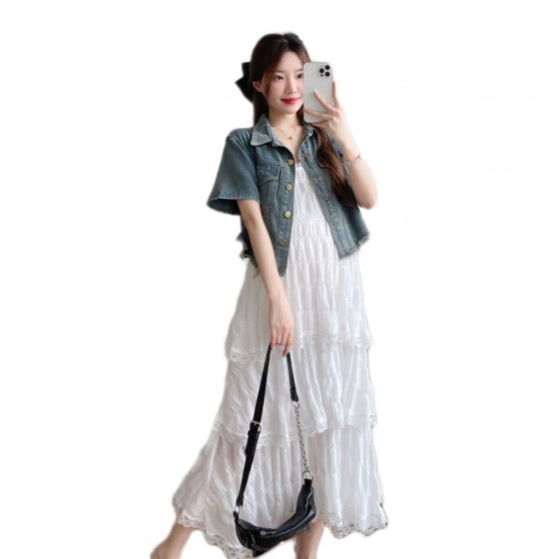 Real Shot Maternity Wear New Cute White Cake Dress With Denim Jacket_ecoleips.com