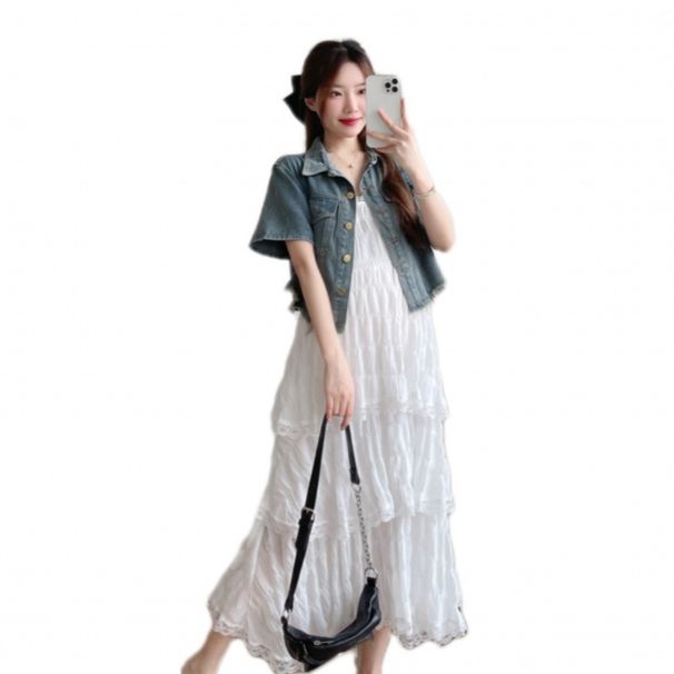 Real Shot Maternity Wear New Cute White Cake Dress With Denim Jacket_ecoleips.com
