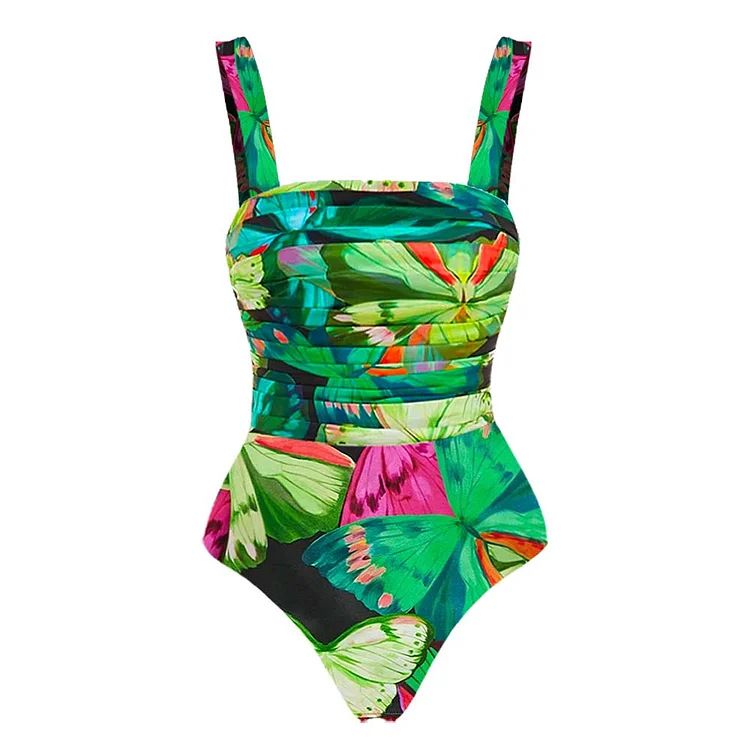 Butterfly Printed Pleated One-Piece Swimsuit For Women - Slim Fit, Holiday Beachwear, European & American Style_ecoleips.com