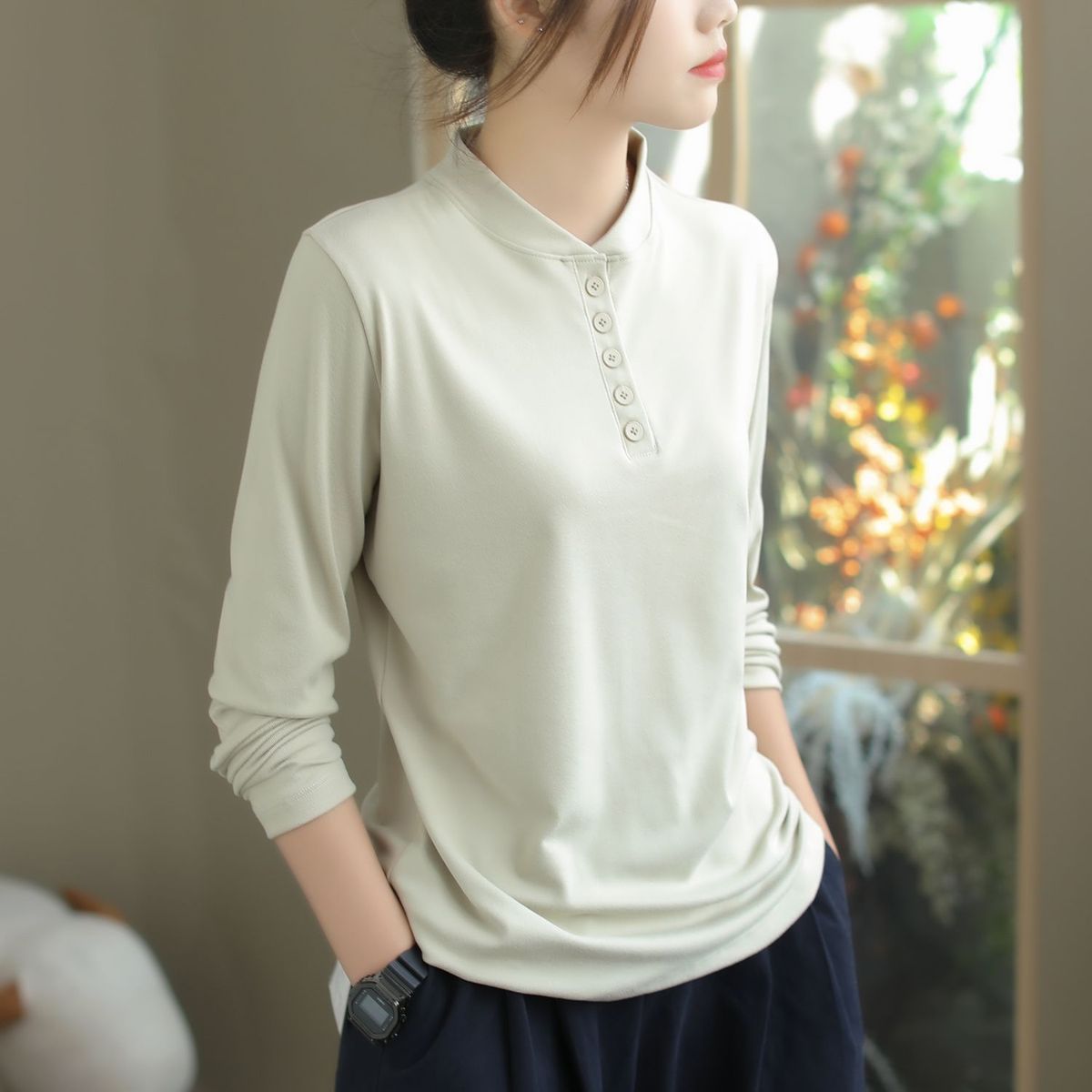 Double-Sided German Velvet Stand-Up Collar Base Layer, Long-Sleeved T-Shirt, Women's Top, Loose, Casual, Solid Color, Fa_ecoleips.com