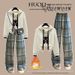 Women's Clothing Stylish Women's Embroidered Sweatshirt Set Loose Fitting Hooded Fleece Lined Plaid Outfit With Straight Leg Pants_ecoleips.com