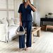 European And American Fashionable And Elegant V-neck Loose Short Sleeved Top And Wide Leg Pants_ecoleips.com