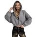 Women's Casual Loose Fit Hoodie Zipper Long Sleeve Sweatshirt Short Waist Street Style Spring Polyester Track Jacket_ecoleips.com