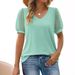 2026 Summer New Cross-Border European And American Clothing Women's T-Shirt Solid Color V-Neck Simple Mesh Puff_ecoleips.com