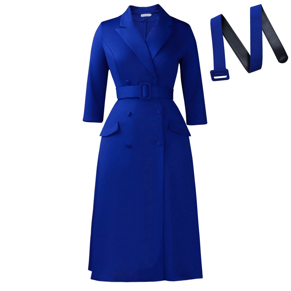 Sophisticated Double-Breasted Midi Dress With Belt – Women's Stretch Polyester Blazer Dress For Fall/Winter (S-XXXL, Office To Evening Elegance)_ecoleips.com