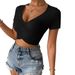 Voya Spring And Summer New Women's Sexy V-neck Slim Fit Ultra Short T-shirt Short Sleeved Knitted Solid Color Top_ecoleips.com