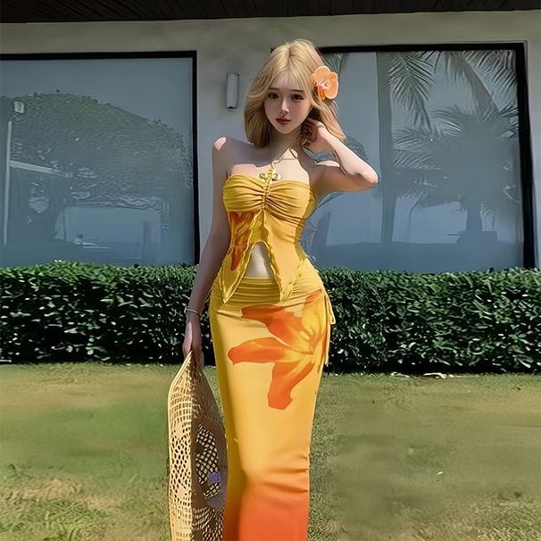Women's Three Piece Swimsuit Set Fashionable Print Slim Fit Long Dress Bikini For Beach Vacation Hot Spring_ecoleips.com
