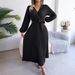2026 Women Cross V Neck Pleated Long Dress, Elegant Swing Casual Maxi Dress_ecoleips.com