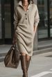 Women's European American Autumn Casual Loose Straight Knit Sweater Dress Button down Collar mid Length_ecoleips.com