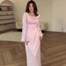 Women's Solid Color Pleated Silk Bodycon Dress Square Neck Flared Sleeves Patchwork Cross Border Sweet Style Clothing_ecoleips.com