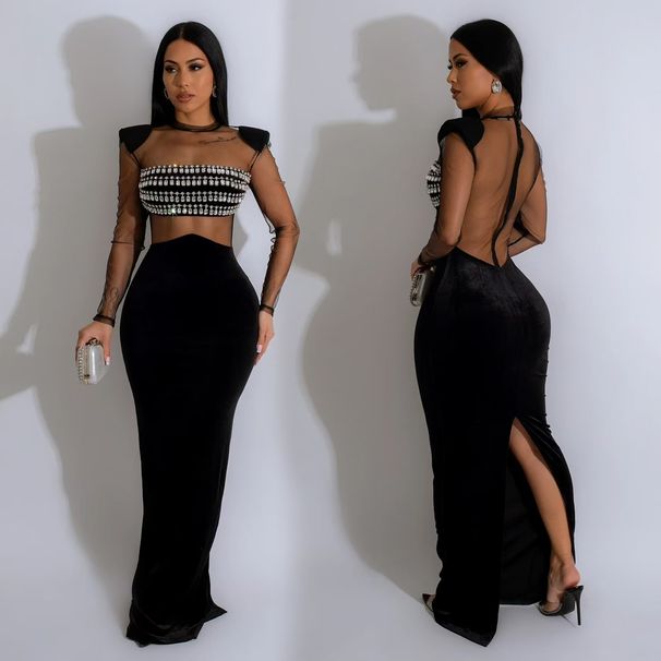 Women's Clothing Long Sleeved Dress Mesh Rhinestone Solid Color See Through Fashion_ecoleips.com