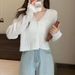 White Long-sleeved Sun-protective Cardigan, Slim-fit Short Outer Top, Thin Ruffled V-neck Knit Sweater For Women_ecoleips.com