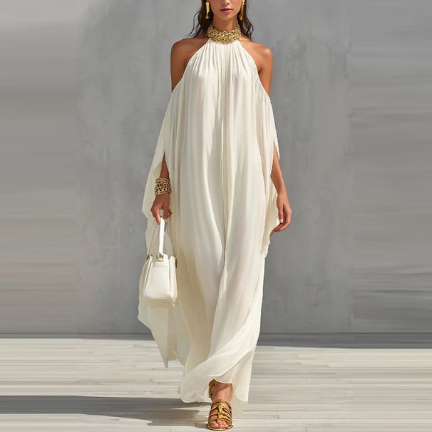 2026 Sexy Hollow Hight Waist Holiday Dress Women Fashion Pleated Solid Long Dress Elegant Halter Off Shoulder Long Sleeve Gowns_ecoleips.com