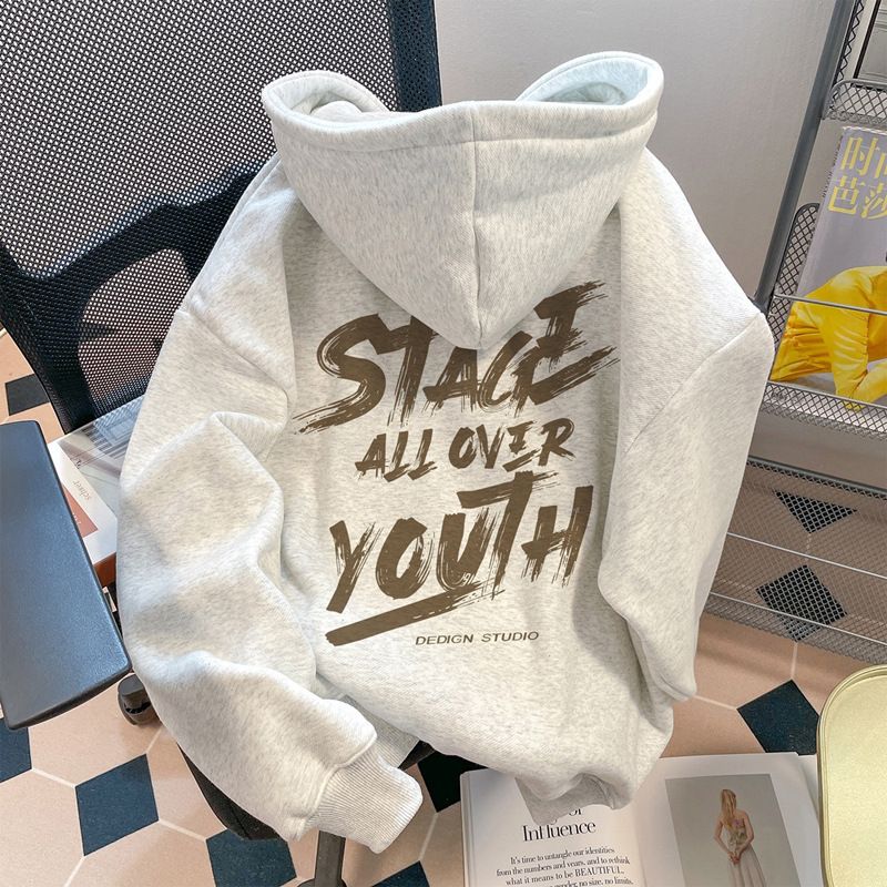 Retro Hooded Sweatshirt Women's Fleece Lined Thickened Long Sleeve Casual Autumn Winter Style Couple Print Top for Men_ecoleips.com