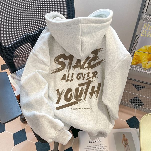 Retro Hooded Sweatshirt Women's Fleece Lined Thickened Long Sleeve Casual Autumn Winter Style Couple Print Top for Men_ecoleips.com