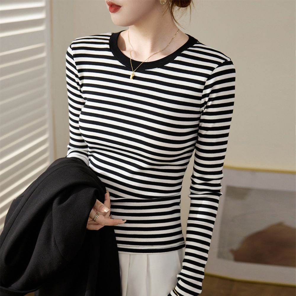 2025 High Quality Black White Striped T-Shirt Women's Pure Cotton 2025 Autumn And Winter Clothing New Slim Fit Shoulder Top_ecoleips.com