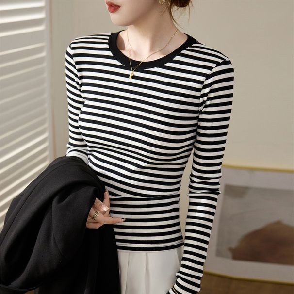 2025 High Quality Black White Striped T-Shirt Women's Pure Cotton 2025 Autumn And Winter Clothing New Slim Fit Shoulder Top_ecoleips.com