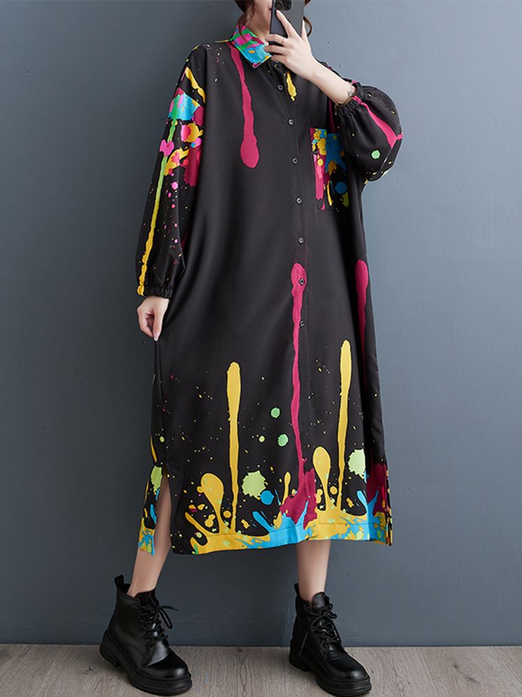 Black Vintage Print Oversized Dress For Women Spring Autumn New Korean Long Sleeve Loose Casual Shirt Dress Elegant Clothes 2026_ecoleips.com