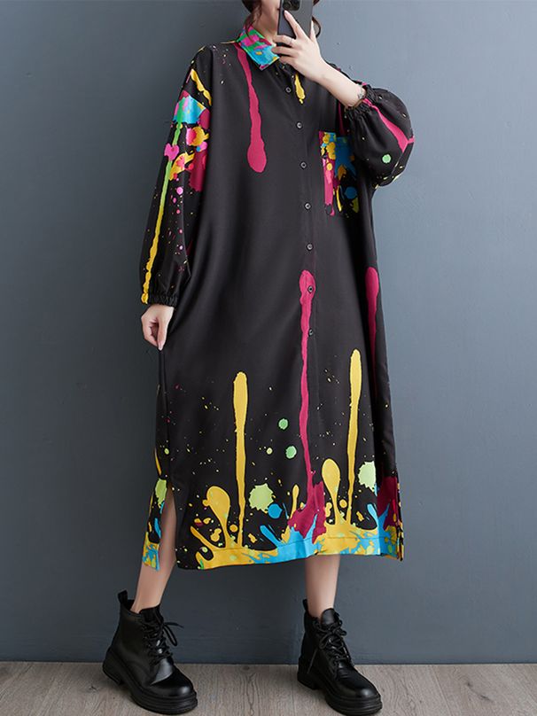 Black Vintage Print Oversized Dress For Women Spring Autumn New Korean Long Sleeve Loose Casual Shirt Dress Elegant Clothes 2026_ecoleips.com