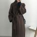 Coat Korean Version Simple Commuting Gentle Suit Collar Loose Tie Waist Mid-Length Woolen Jacket_ecoleips.com