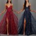 Women's Sleeveless High-Low Hem Dress – Metallic Gold Splash V-Neck Bodycon For Parties & Date Nights (Red/Blue, S-Xl)_ecoleips.com