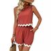 Women's Clothing Two Piece Linen Lace Round Neck Vest Short Top Shorts_ecoleips.com