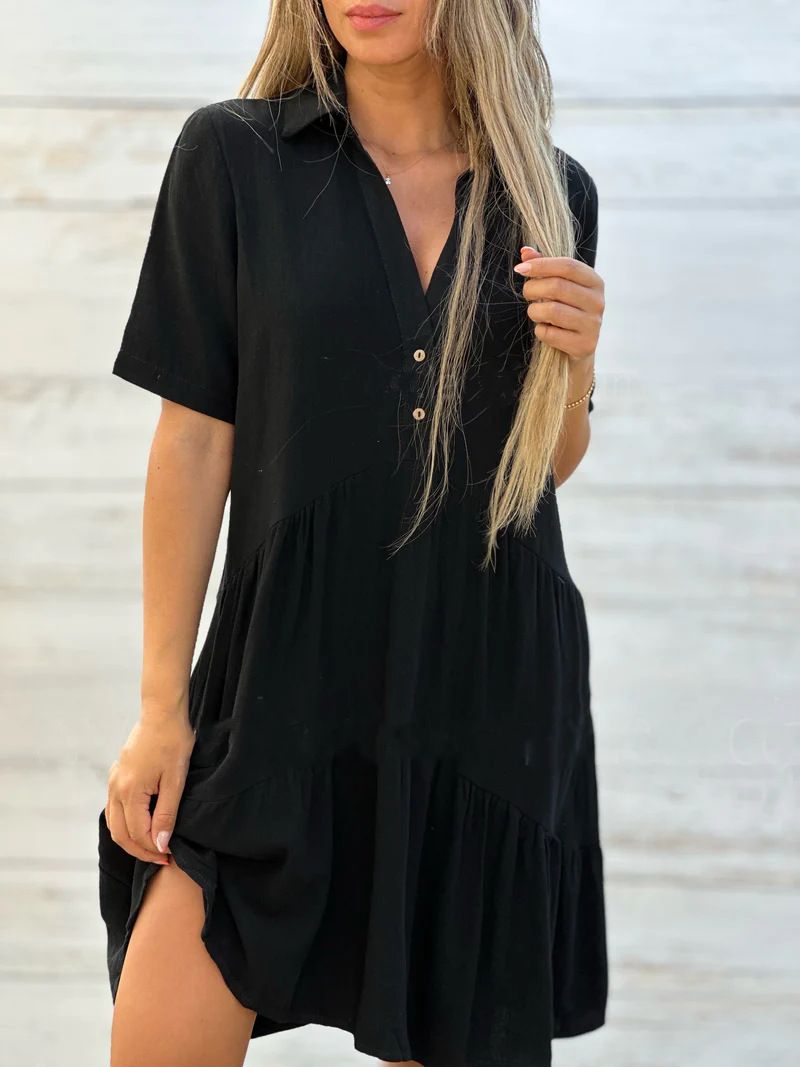 Women's Dress With Loose Fit, Solid Color, Turned-Down Collar, Casual Short-Sleeved Cotton-Linen Dress_ecoleips.com