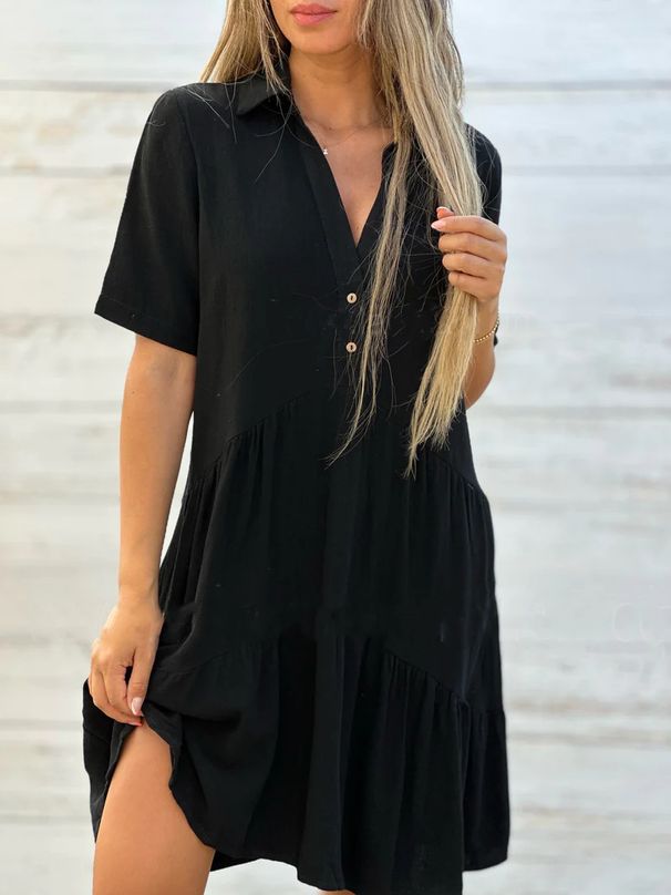Women's Dress With Loose Fit, Solid Color, Turned-Down Collar, Casual Short-Sleeved Cotton-Linen Dress_ecoleips.com