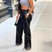Women's Clothing Autumn/Winter Casual Loose Wide Leg Pants With Rhinestone Pocket Solid Color PU Leather_ecoleips.com