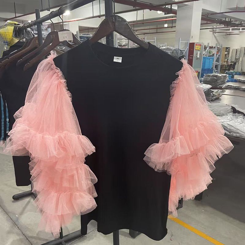 Sweet Mesh Panel Contrast Color T-Shirt For Women, Round Neck Short Sleeve Top, Plus Size Breathable Casual Tee_ecoleips.com